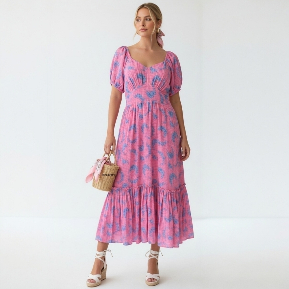 LoveShackFancy Angie Pink Floral Puff Sleeve Tiered Midi Dress Cotton 8